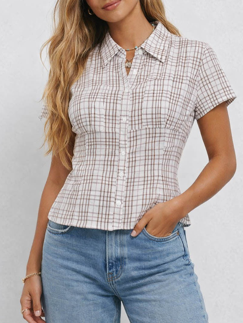 Chic Checked Button Down Short Sleeves Shirt