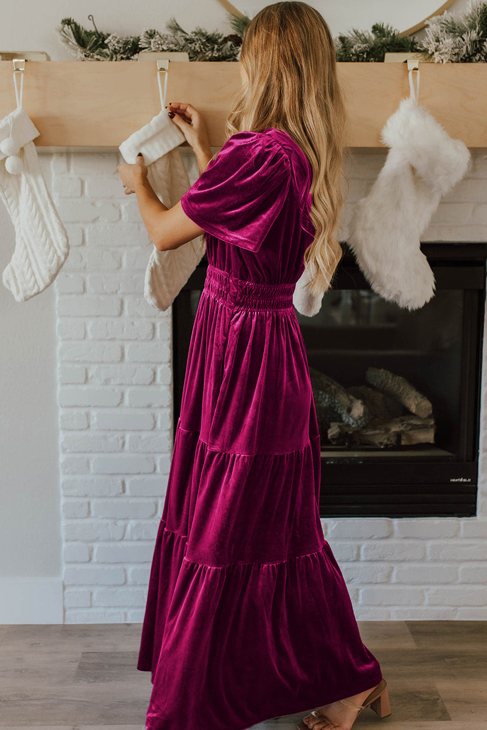 Dahlia Velvet Short Sleeve Shirred Waist Tiered Maxi Dress