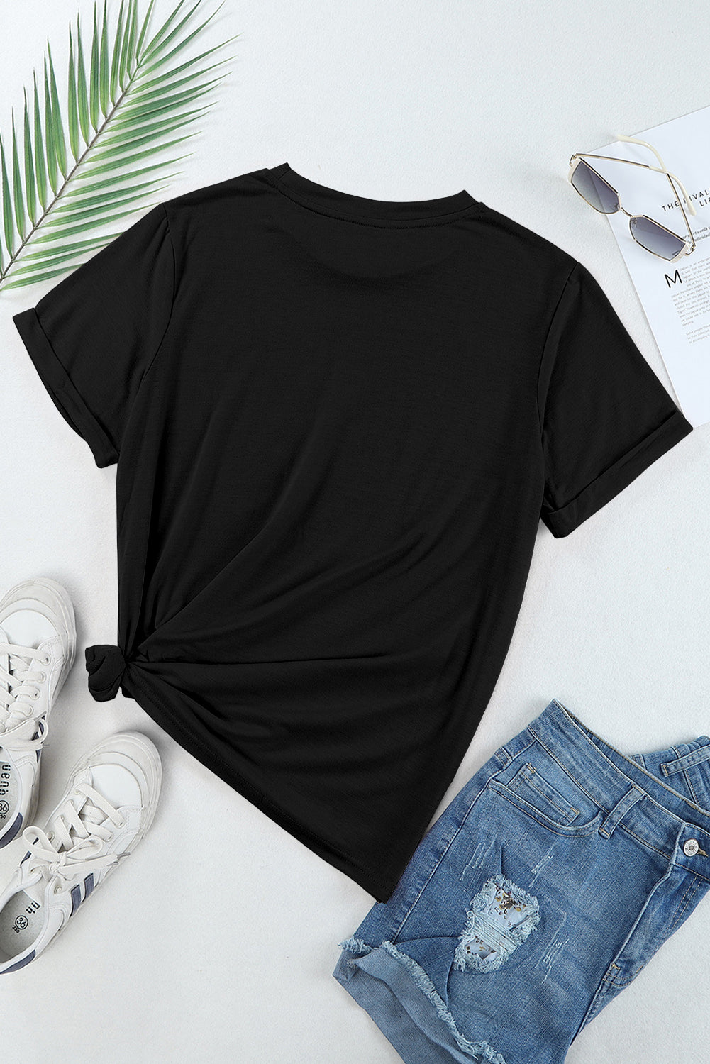Black Casual Plain Crew Neck