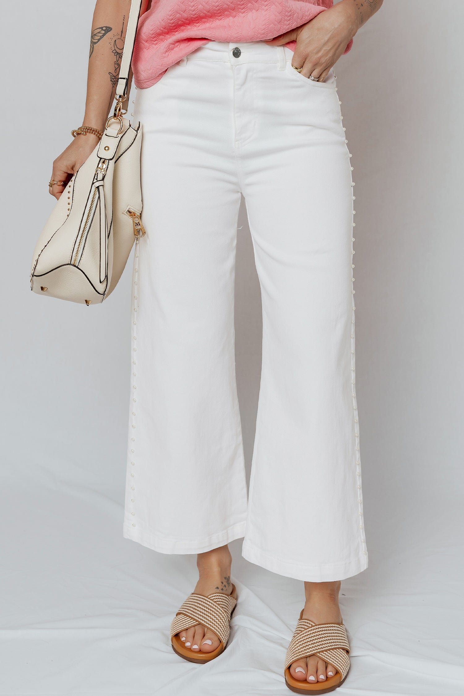 Pearl Embellished Side Seam Ankle-length Shift Jeans
