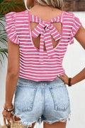 Pink Stripe Butterfly Sleeve V