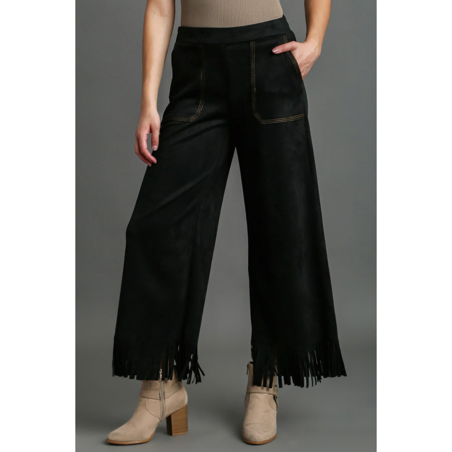 Full Size Suede Fringe Hem Wide Leg Pants Plus Size