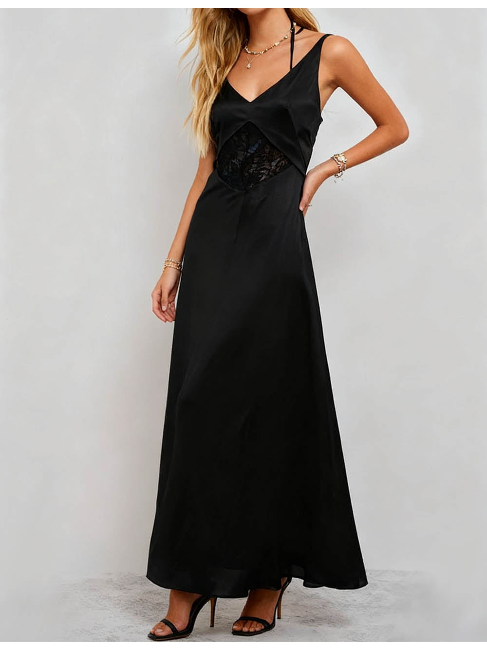 Lace Panel Halter Neck Backless Maxi Dress