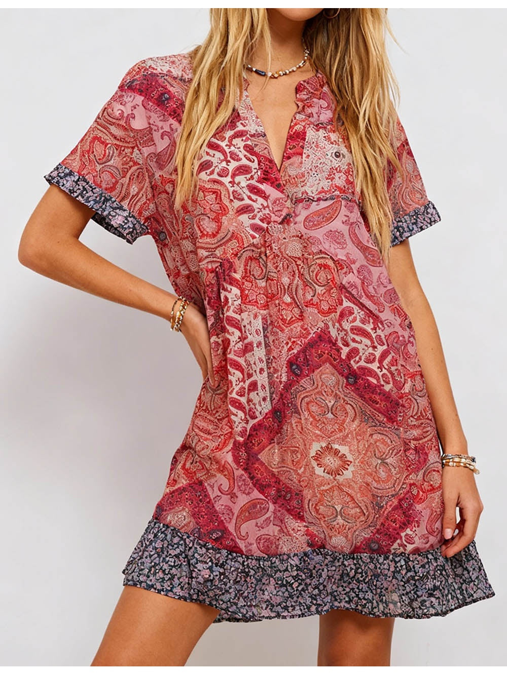 Boho Abstract V Neck Short Sleeves Mini Dress