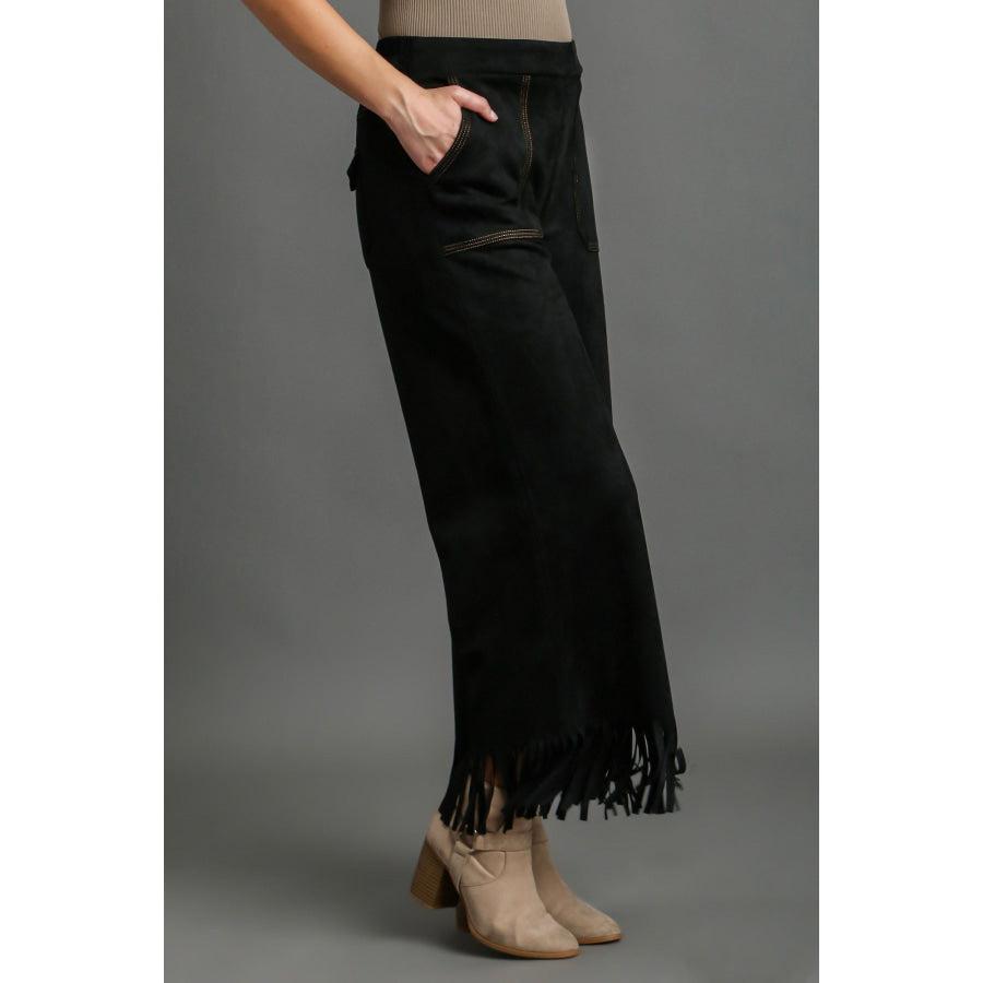 Full Size Suede Fringe Hem Wide Leg Pants Plus Size