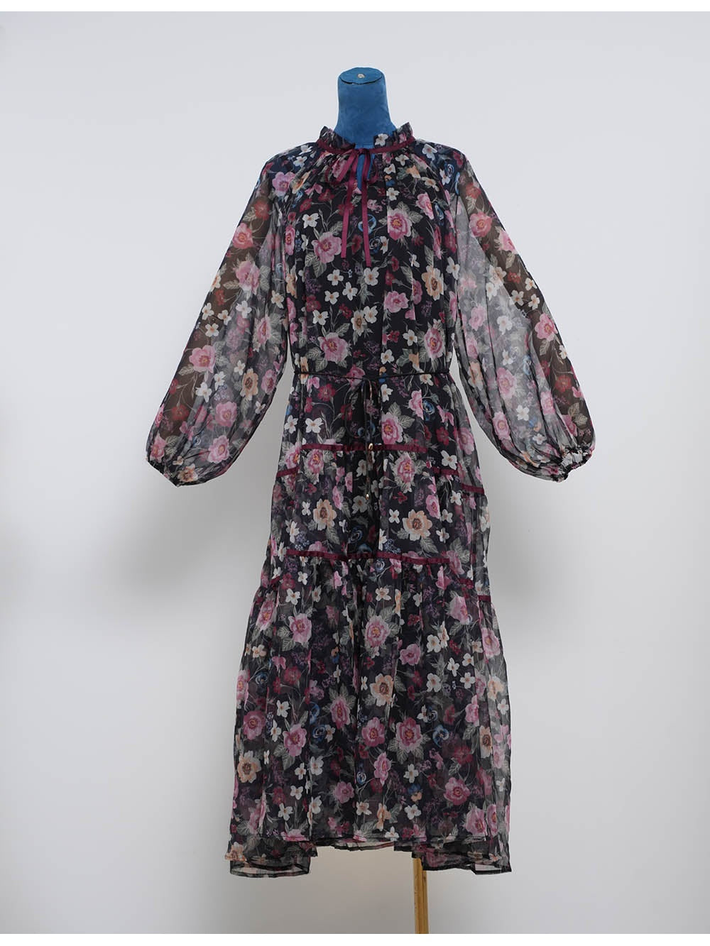 Boho Ruffle Neck Lantern Sleeves Midi Dress