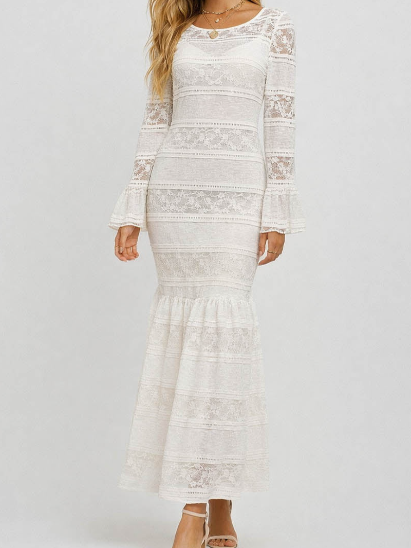 Lace Round Neck Flared Sleeves Bodycon Maxi Dress