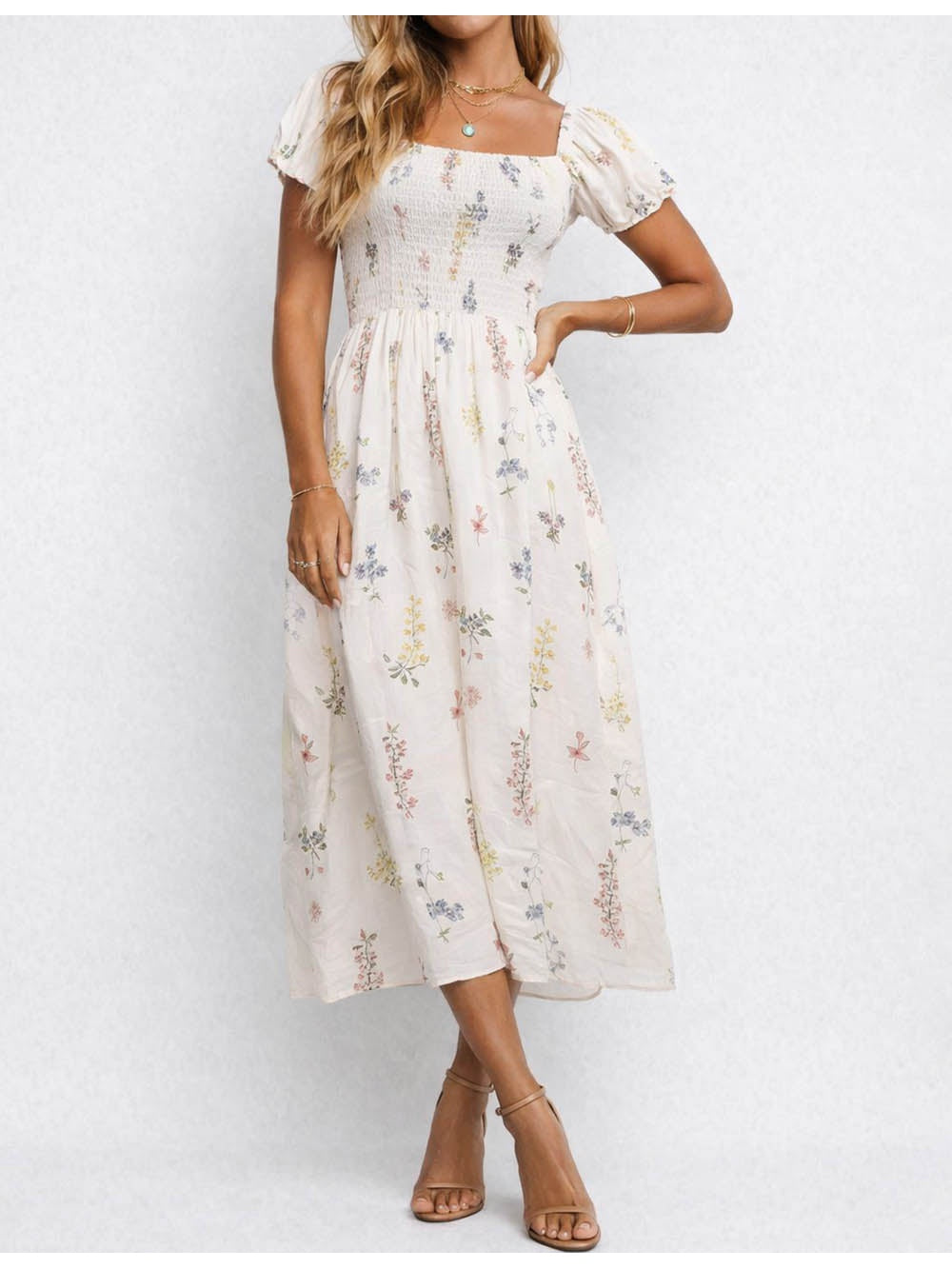 Romantic Puff Sleeves Midi Dress
