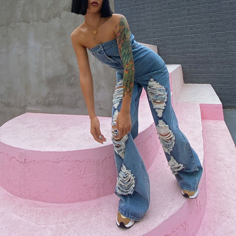 Edgy Texture Ripped Hollow-Out Strapless Jumpsuit