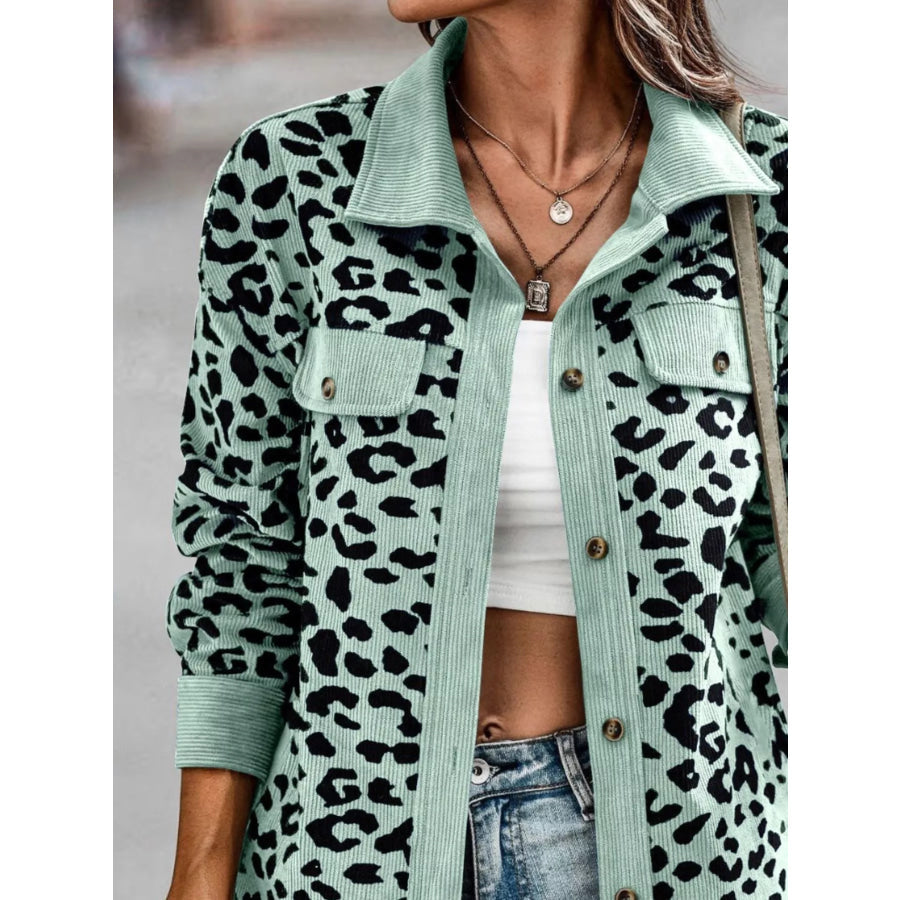 Full Size Leopard Print Button Down Jacket Plus Size
