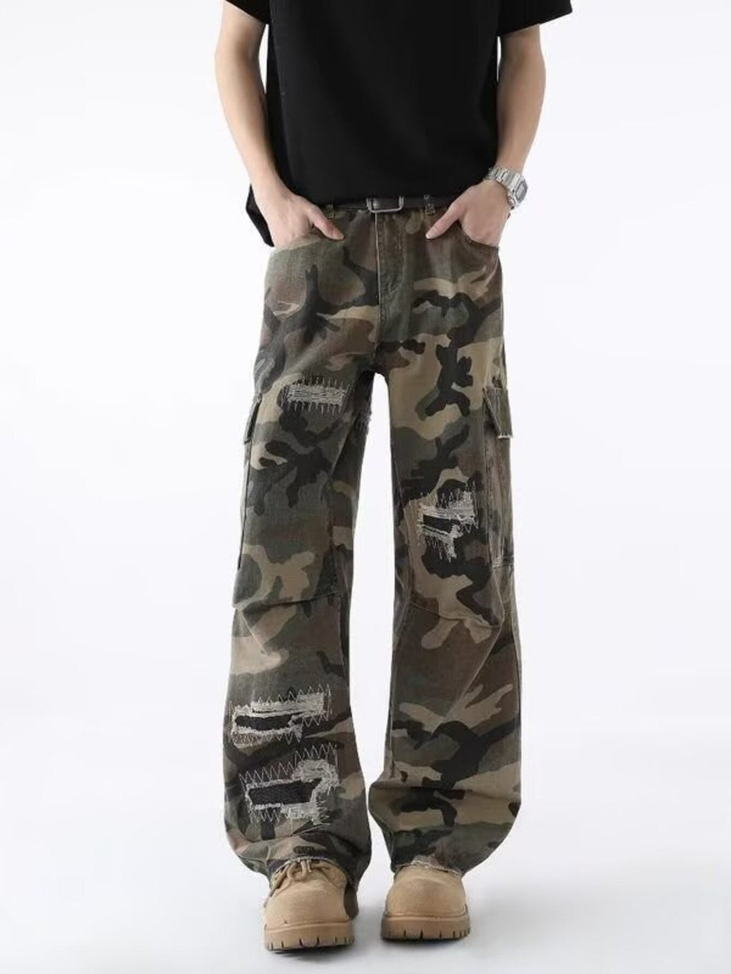Men's Full Size Distressed Camouflage Wide Leg Jeans Plus Size
