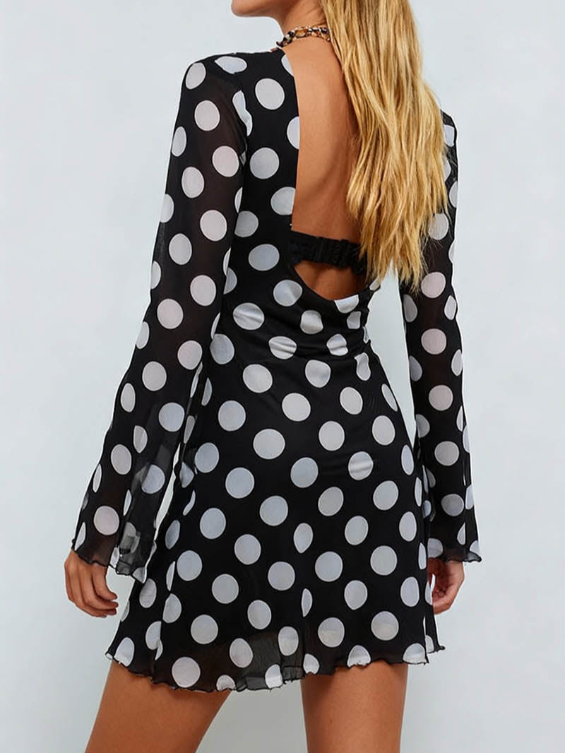 Polka Dot Open Back Flared Sleeves Mesh Mini Dress