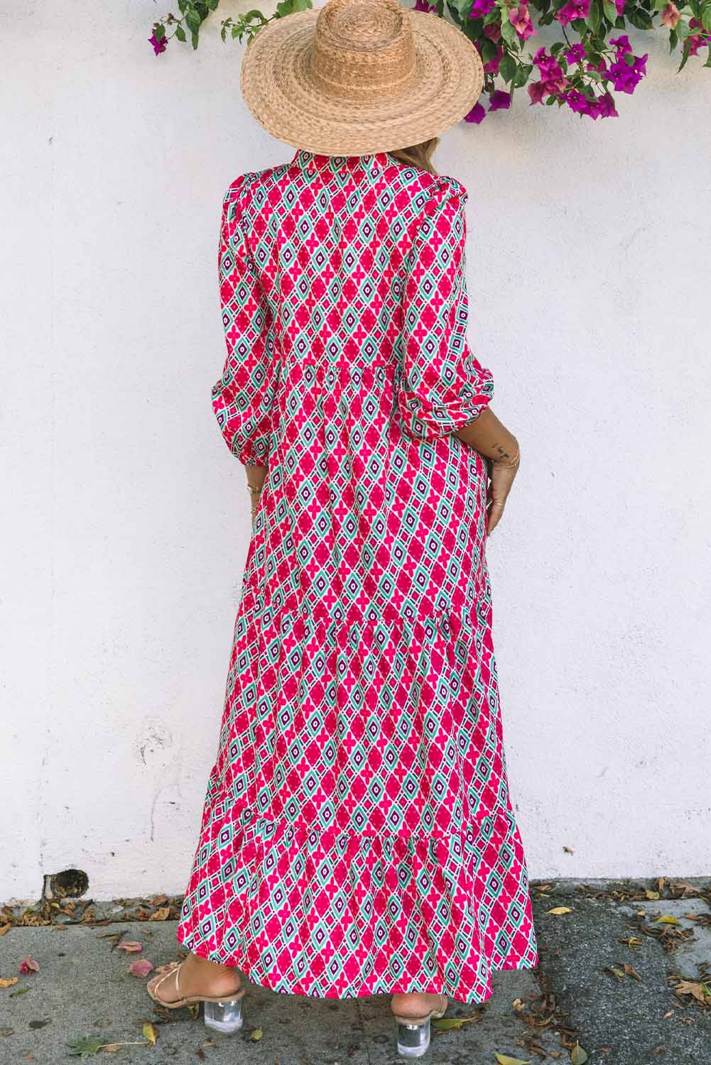 Maxi Bohemian Geometry Print Puff Sleeve Dress