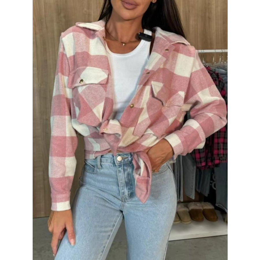 Classic Plaid Button Down Long Sleeve Shacket Jacket