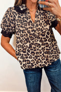 Brown Leopard Print Button Down Lace Trim Short Sleeve Shirt