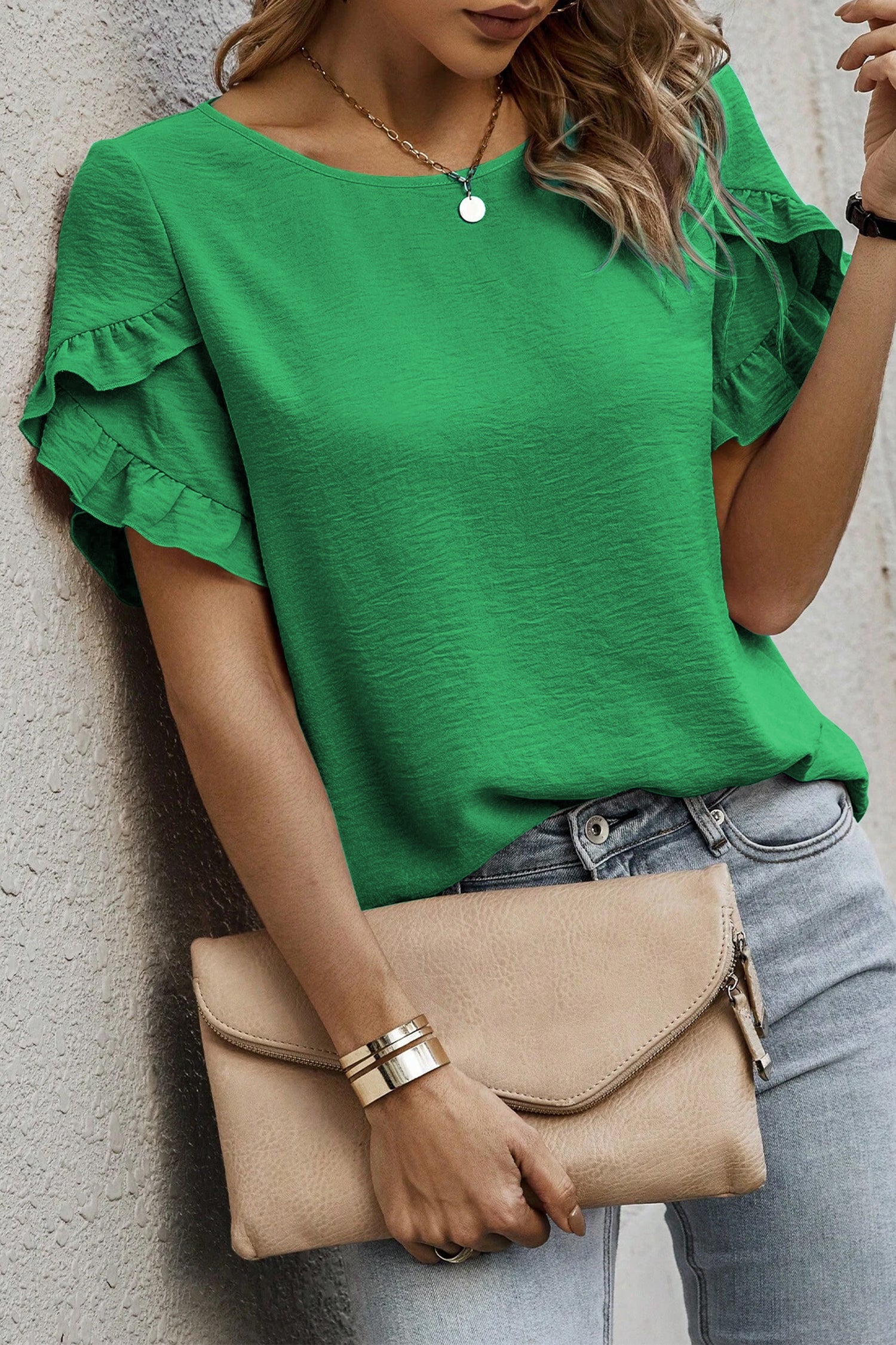 Sea Green Solid Color Ruffle Trim Short Sleeve Blouse