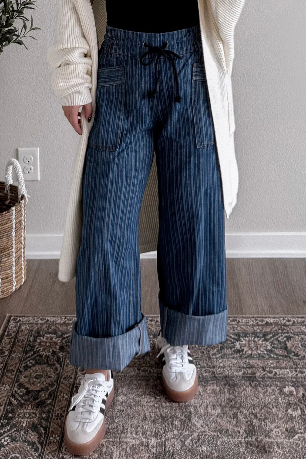 Loose Drawstring Pocketed Stripe Contrasted Jeans