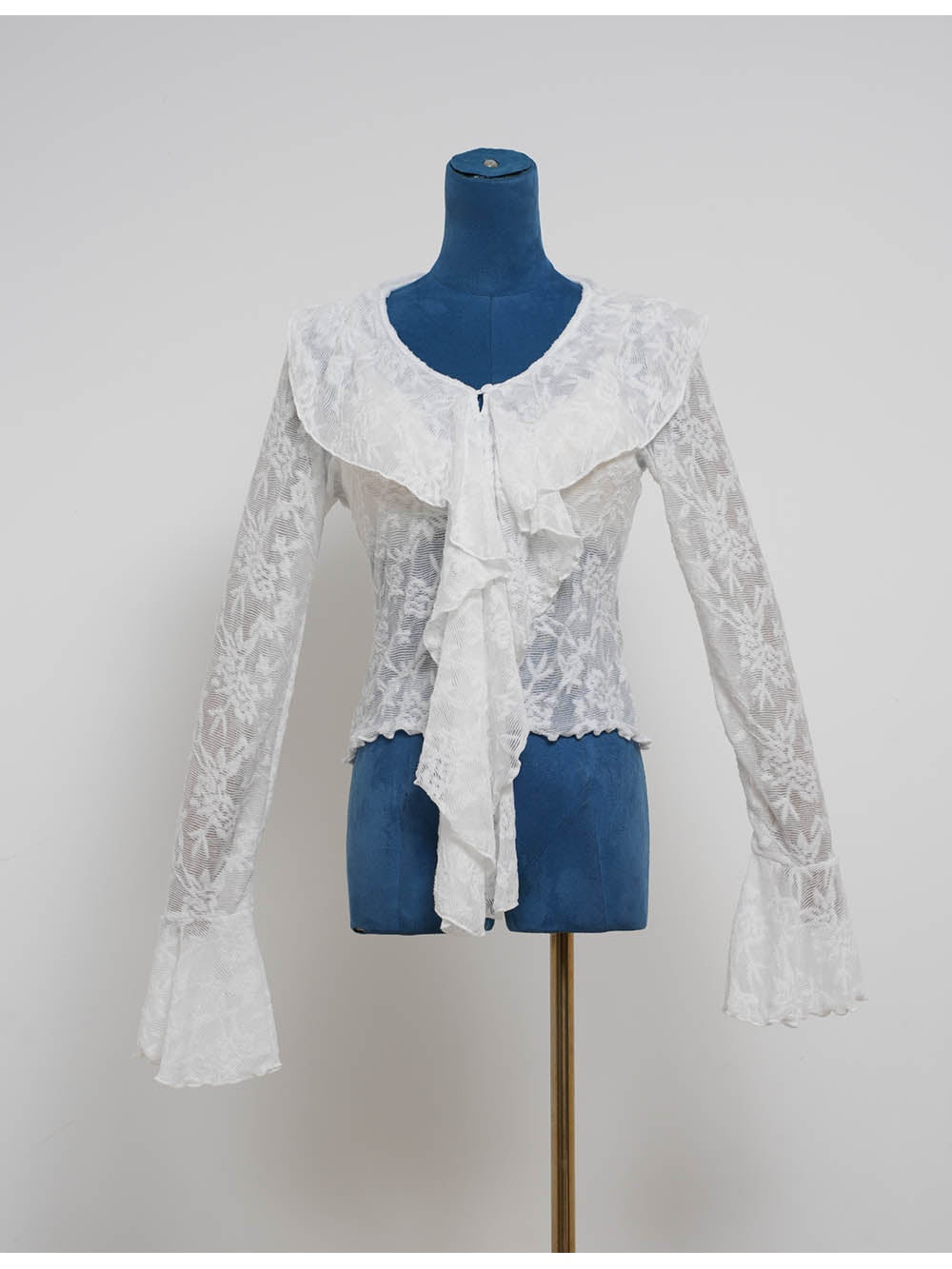 Sheer Lace Boho Ruffle V Neck Flared Sleeves Blouse