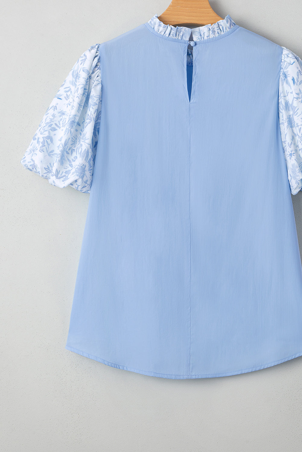 Blue Lace Insert Floral Puff Sleeve Patchwork Loose Blouse
