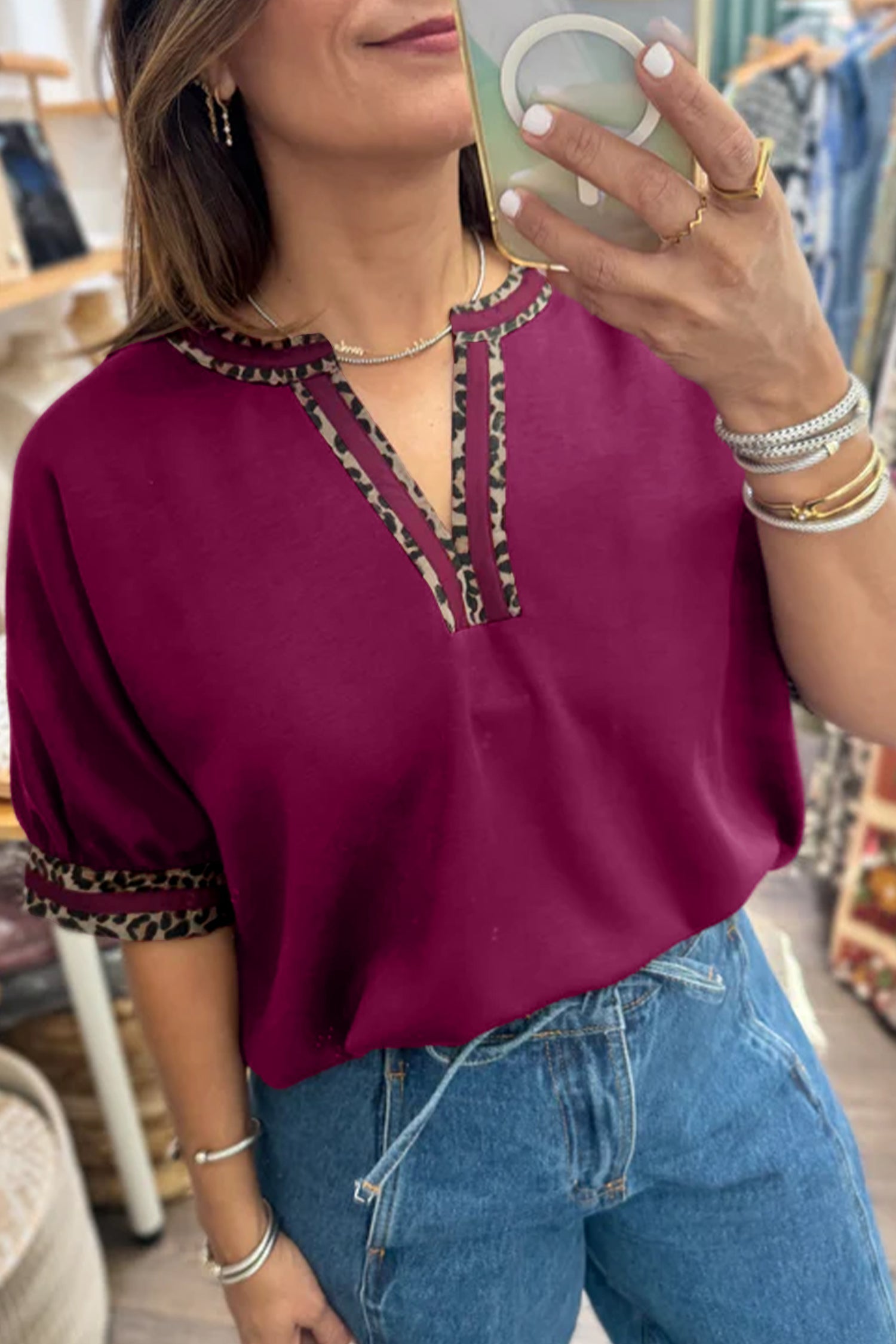 Red Dahlia Contrast Leopard Trim V Neck Short Sleeve Blouse