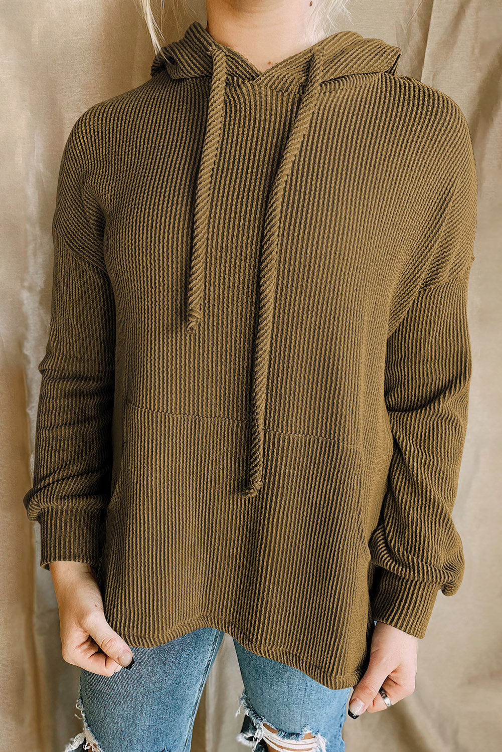 Ribbed Drawstring Kangaroo Pocket Hoodie