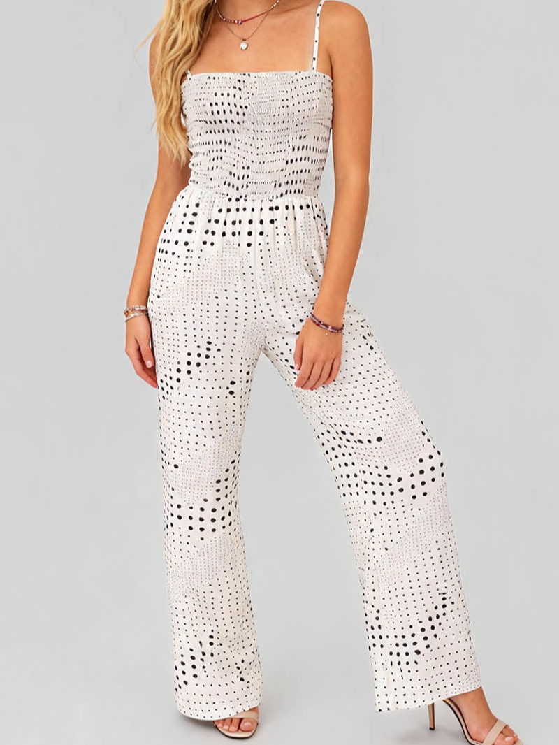 Polka Dot Smocked Bodice Wide Leg Jumpsuit