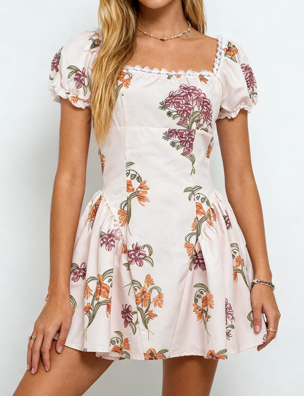 Romantic Square Neck Puff Sleeves Mini Dress