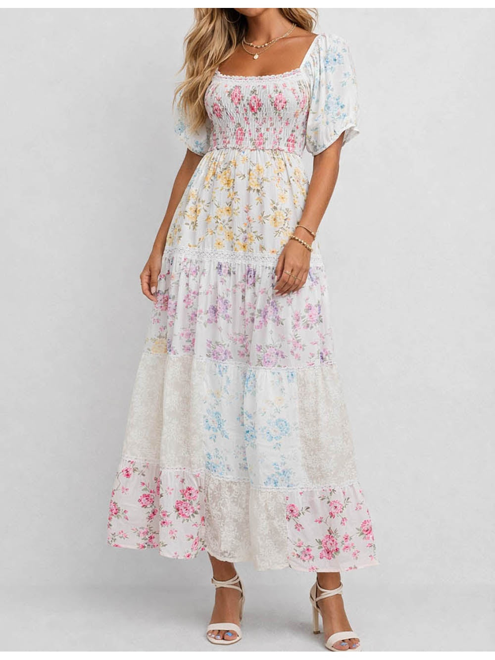 Boho Square Neck Puff Sleeves Maxi Dress