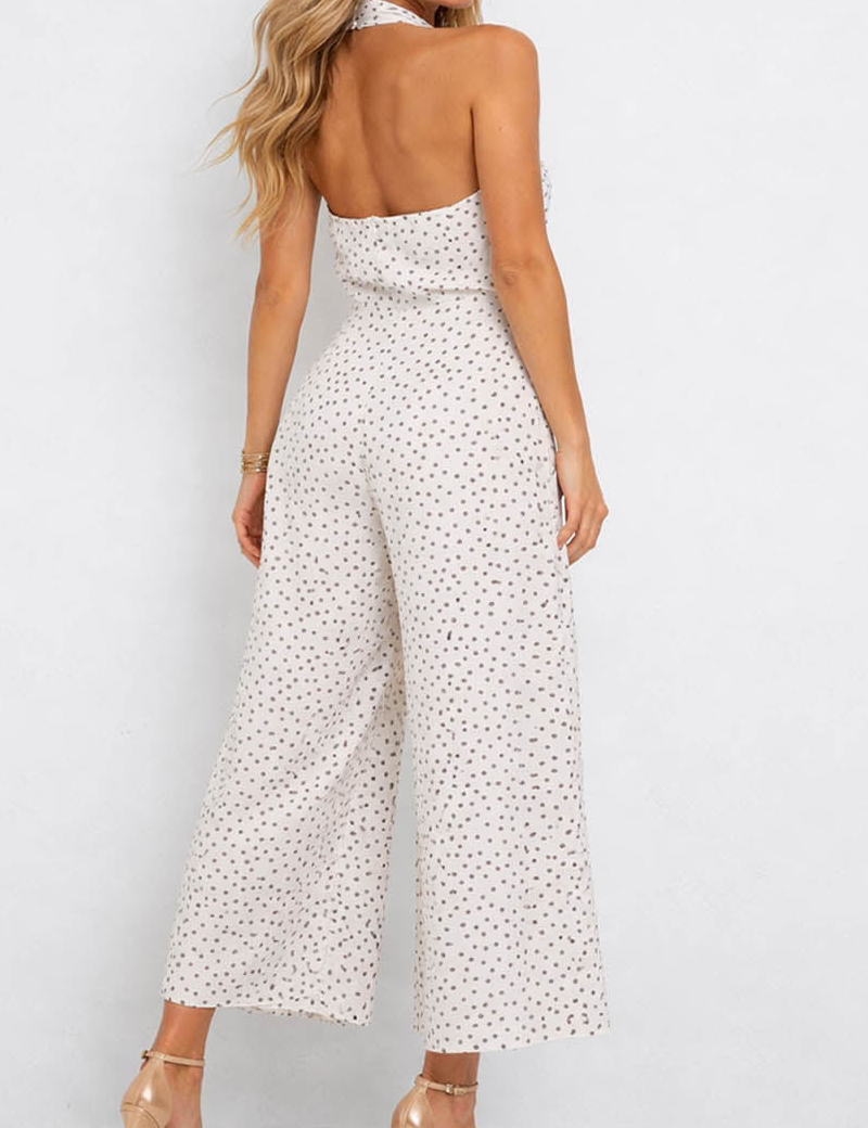 Polka Dot Halter Neck Metal Buckle Wide Leg Jumpsuit