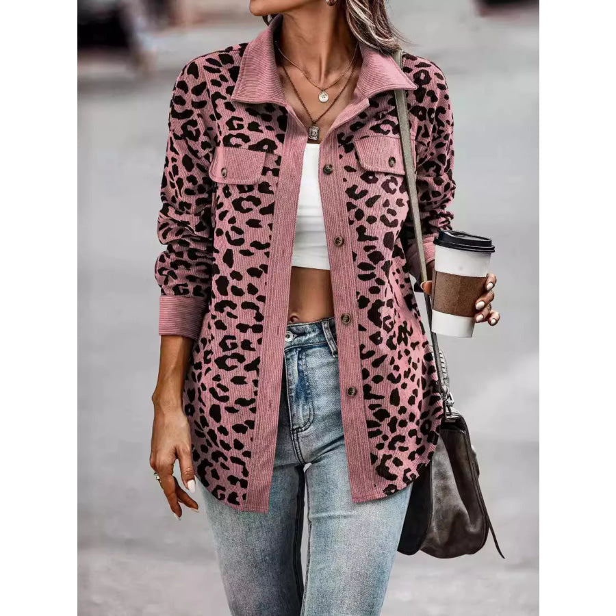 Full Size Leopard Print Button Down Jacket Plus Size
