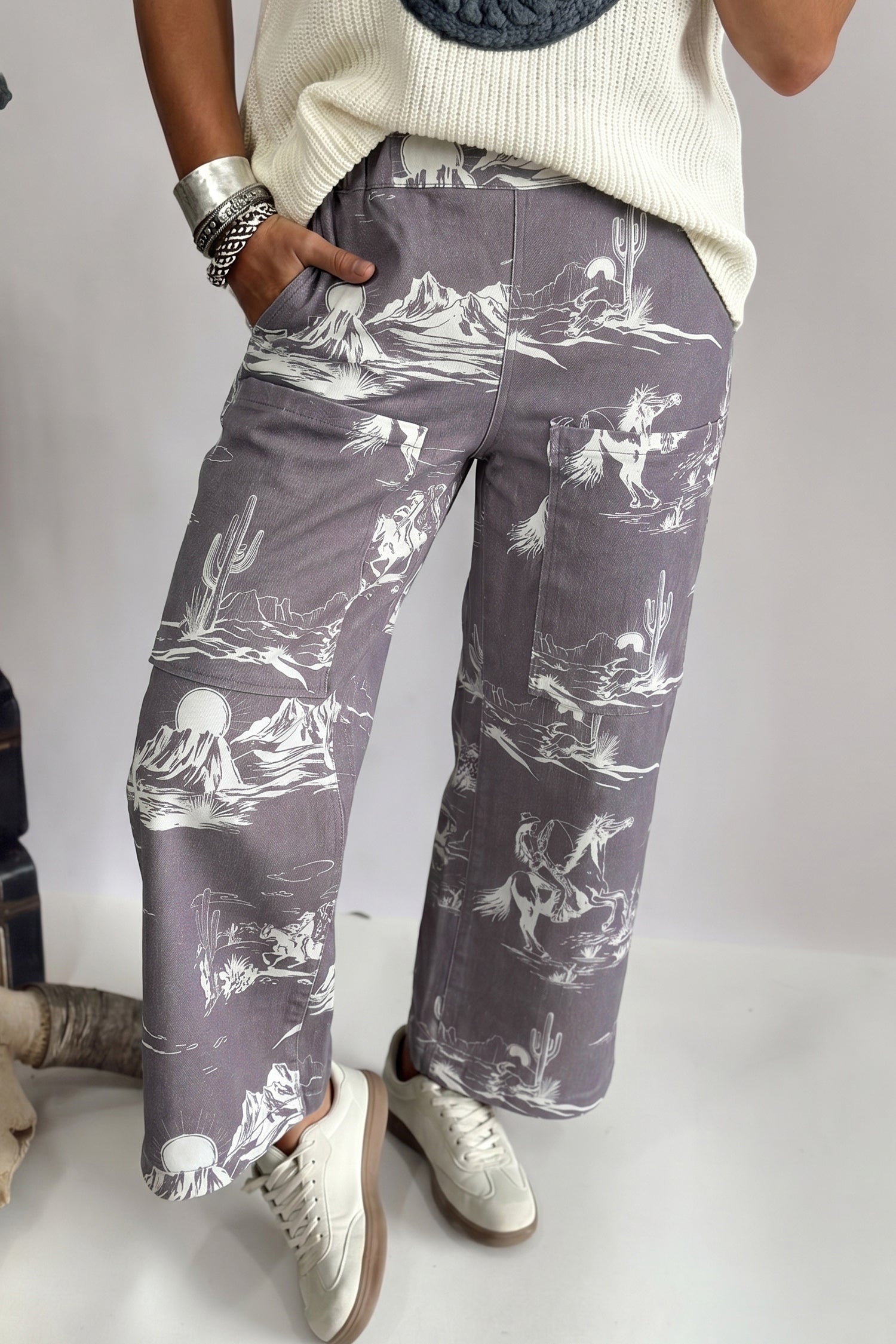 Print Vintage Wild West Riding Printed Jeans