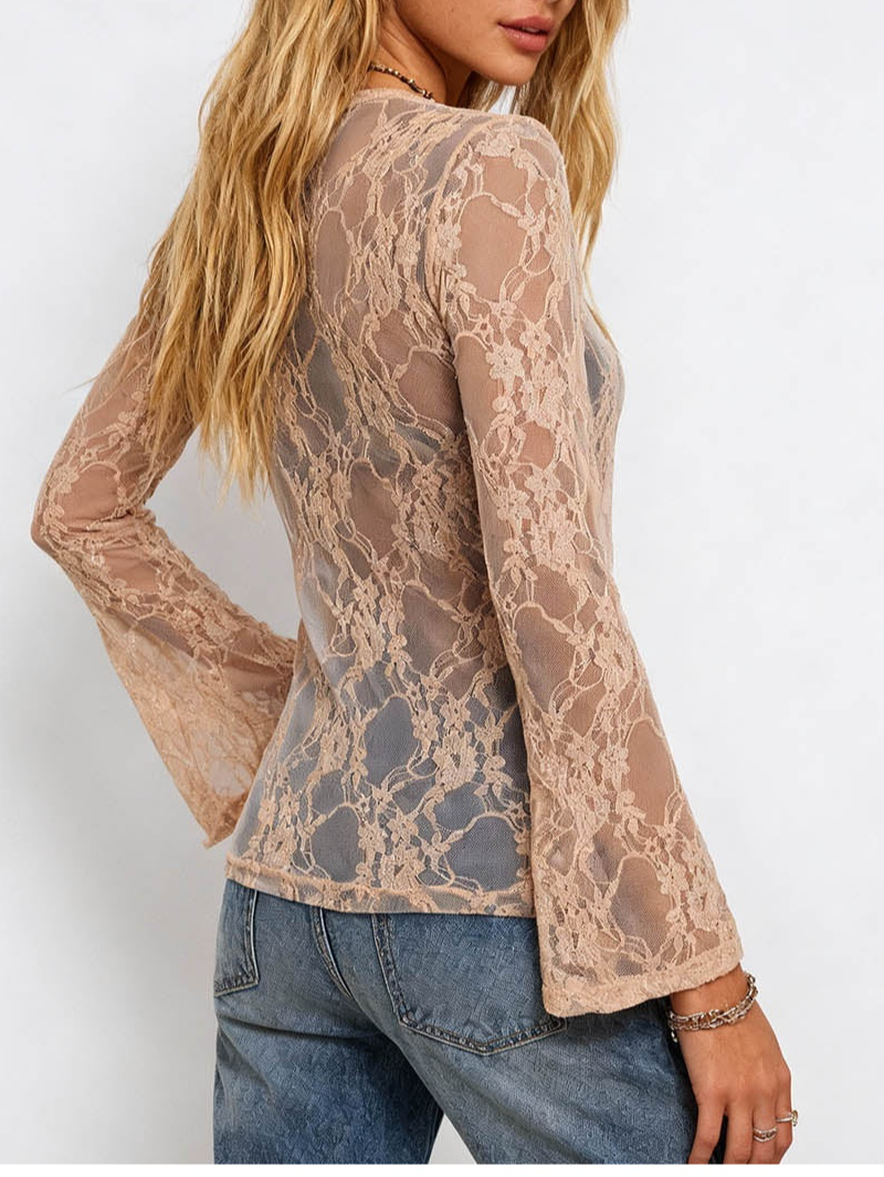 Romantic Sheer Lace V Neck Long Sleeves Blouse