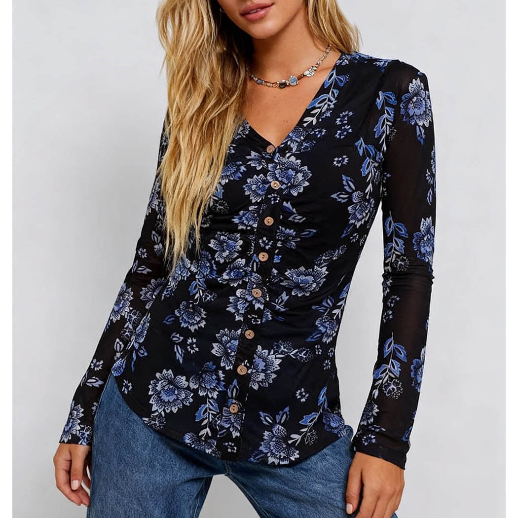 Boho Sheer V Neck Long Sleeves Blouse