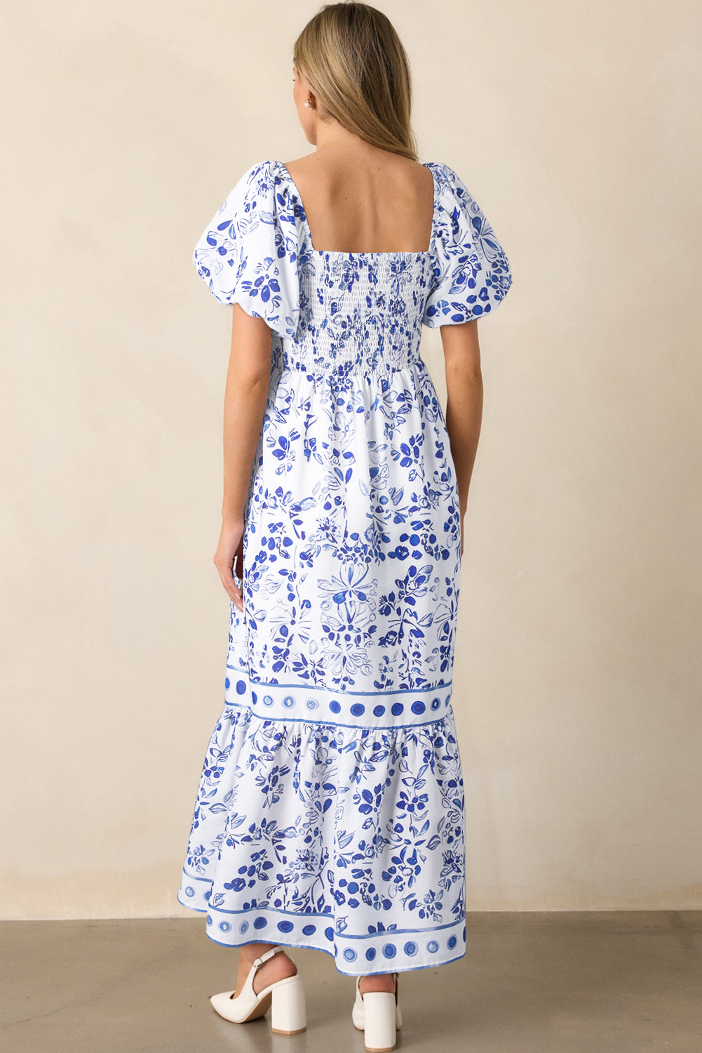 Sky Floral Print Square Neck Bubble Sleeve High Waist