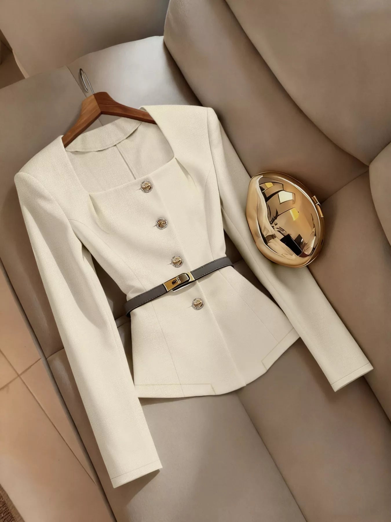 Square Neck Button Down Fitted Blazer Jacket
