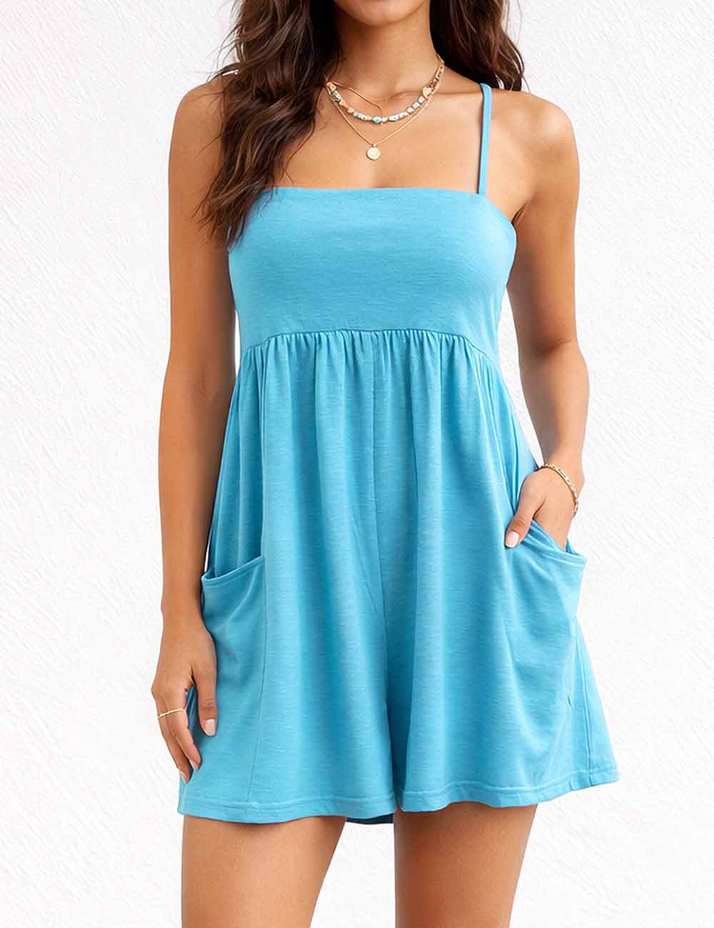 Chic Pocket Square Neck Spaghetti Strap Wide Leg Romper