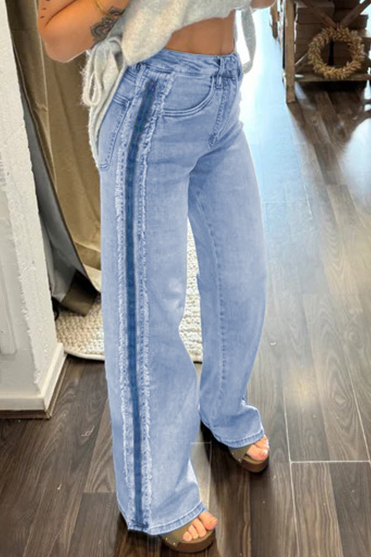 Frayed Contrast Stripe Side Panel Patchwork Jeans
