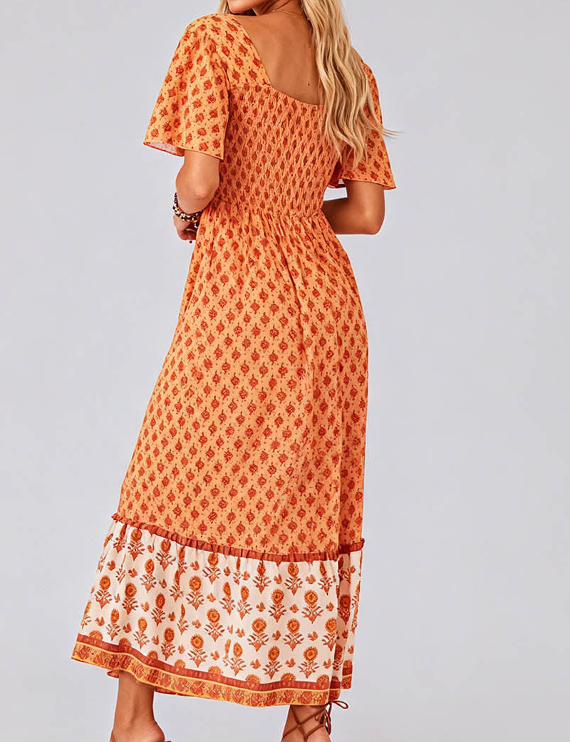 Boho Square Neck Short Sleeves Maxi Dress