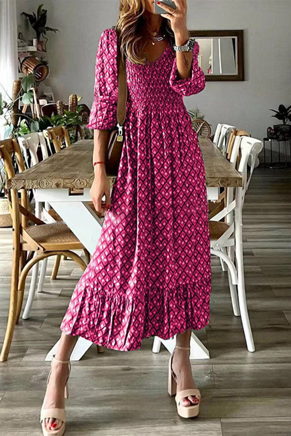 Maxi Geometric Print Shirred V Neck High Waist Long