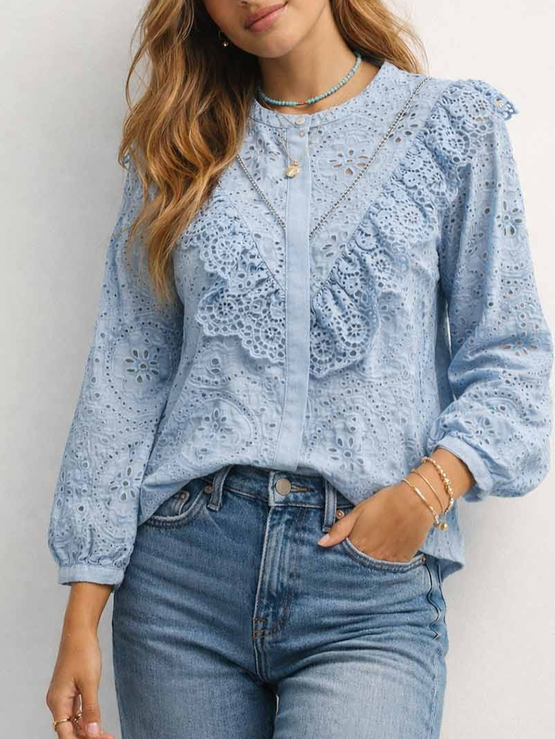 Boho Embroidery Hollow Out Long Sleeves Blouse