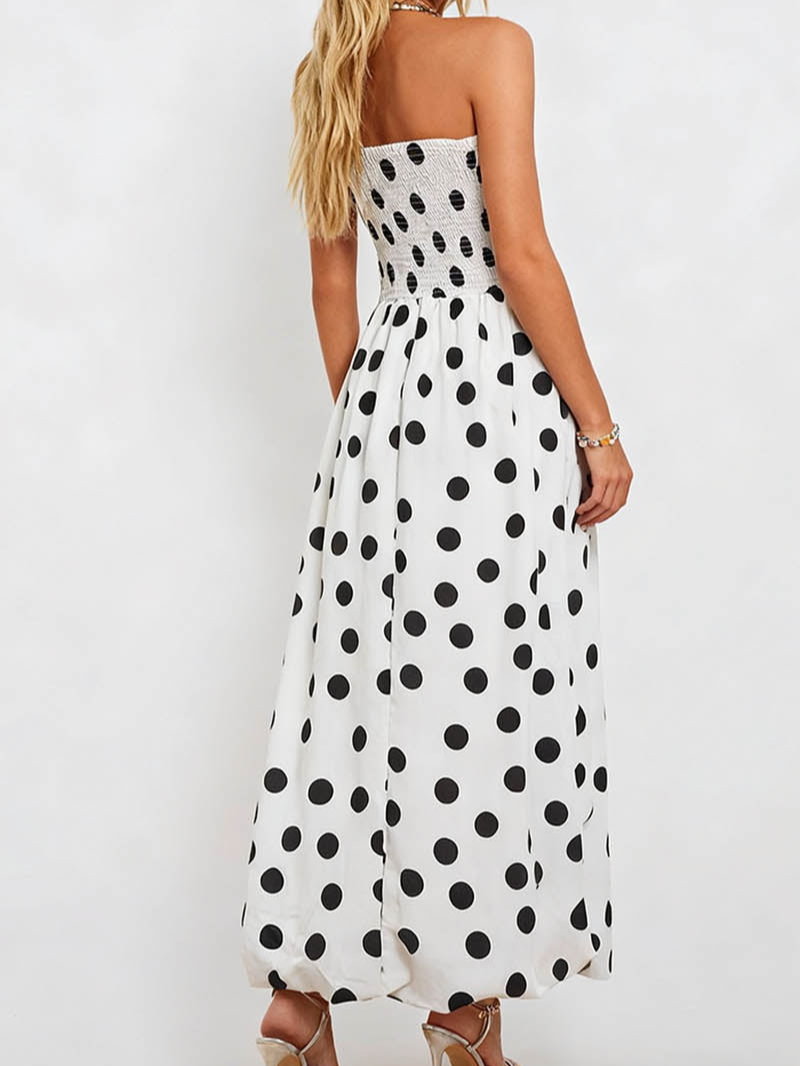 Strapless Polka Dot Smocked Sleeveless Maxi Dress