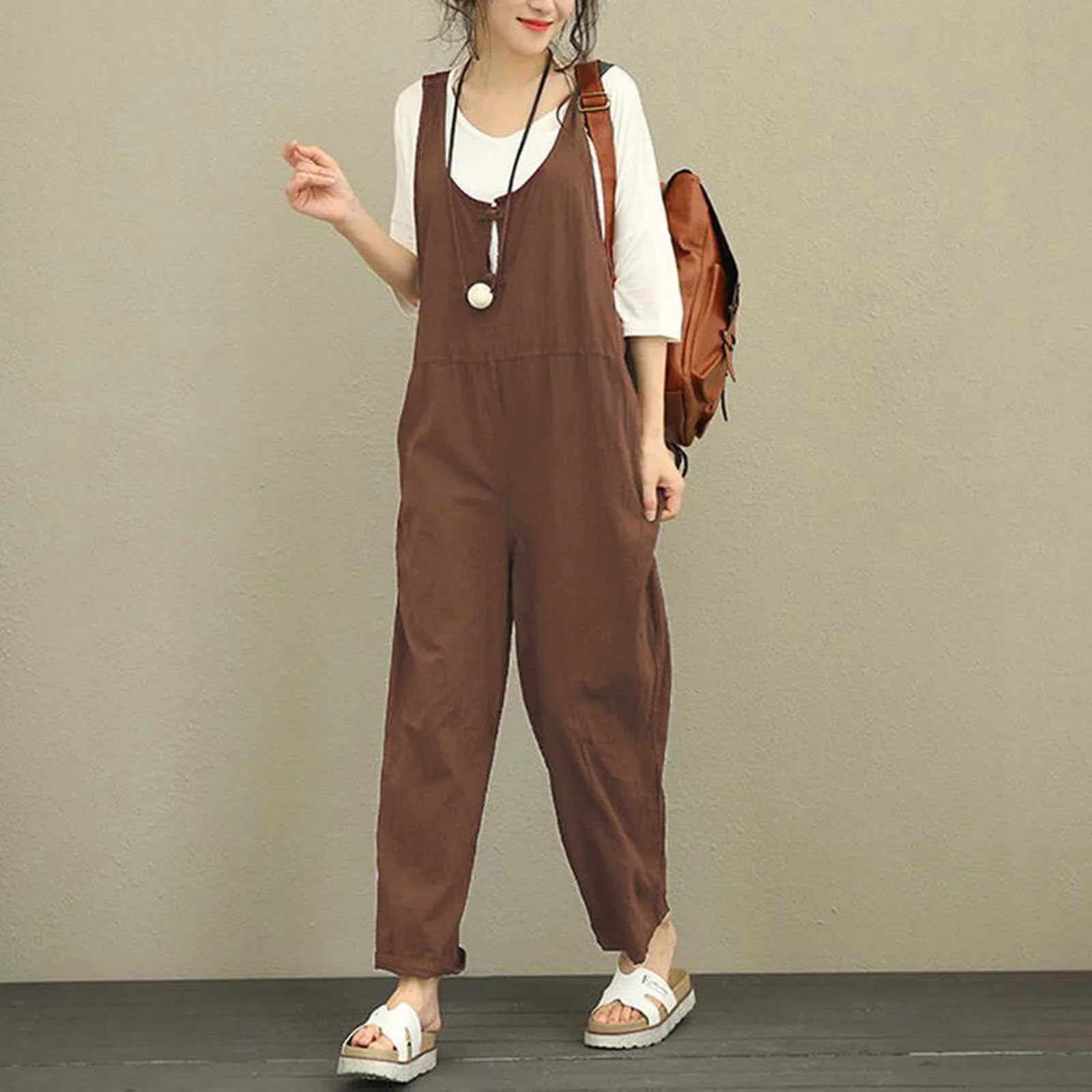 Boho Comfort Wide-Leg Suspender Cotton Jumpsuit