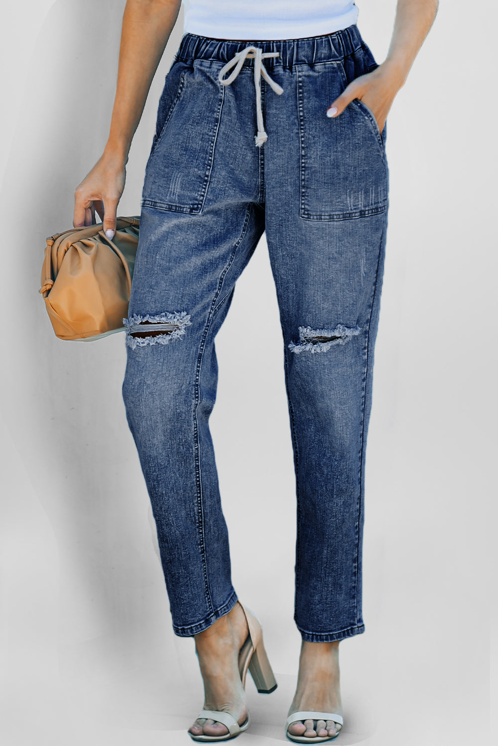 Pocketed Distressed Gather Round Jogger Jeans