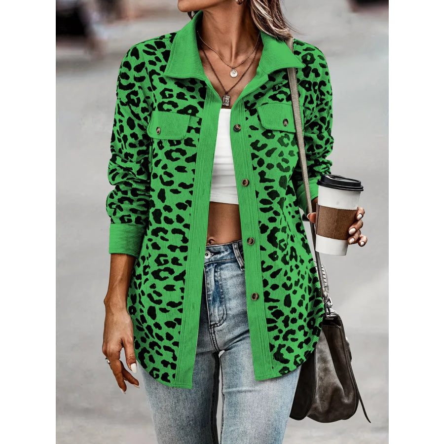 Full Size Leopard Print Button Down Jacket Plus Size