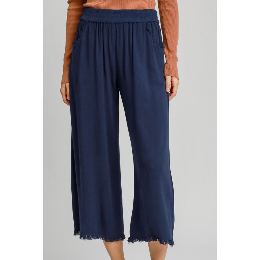 Casual Full Size Linen Blend Elastic Waistband Wide Leg Pants Plus Size
