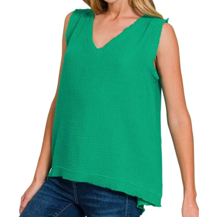 Relaxed Double Gauze Raw Edge V Neck Tank