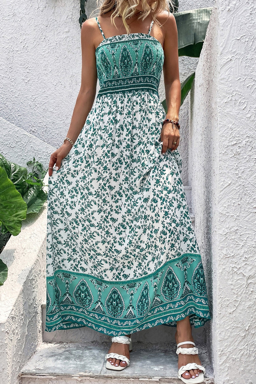 Boho Floral Print Shirred Cami Maxi Dress