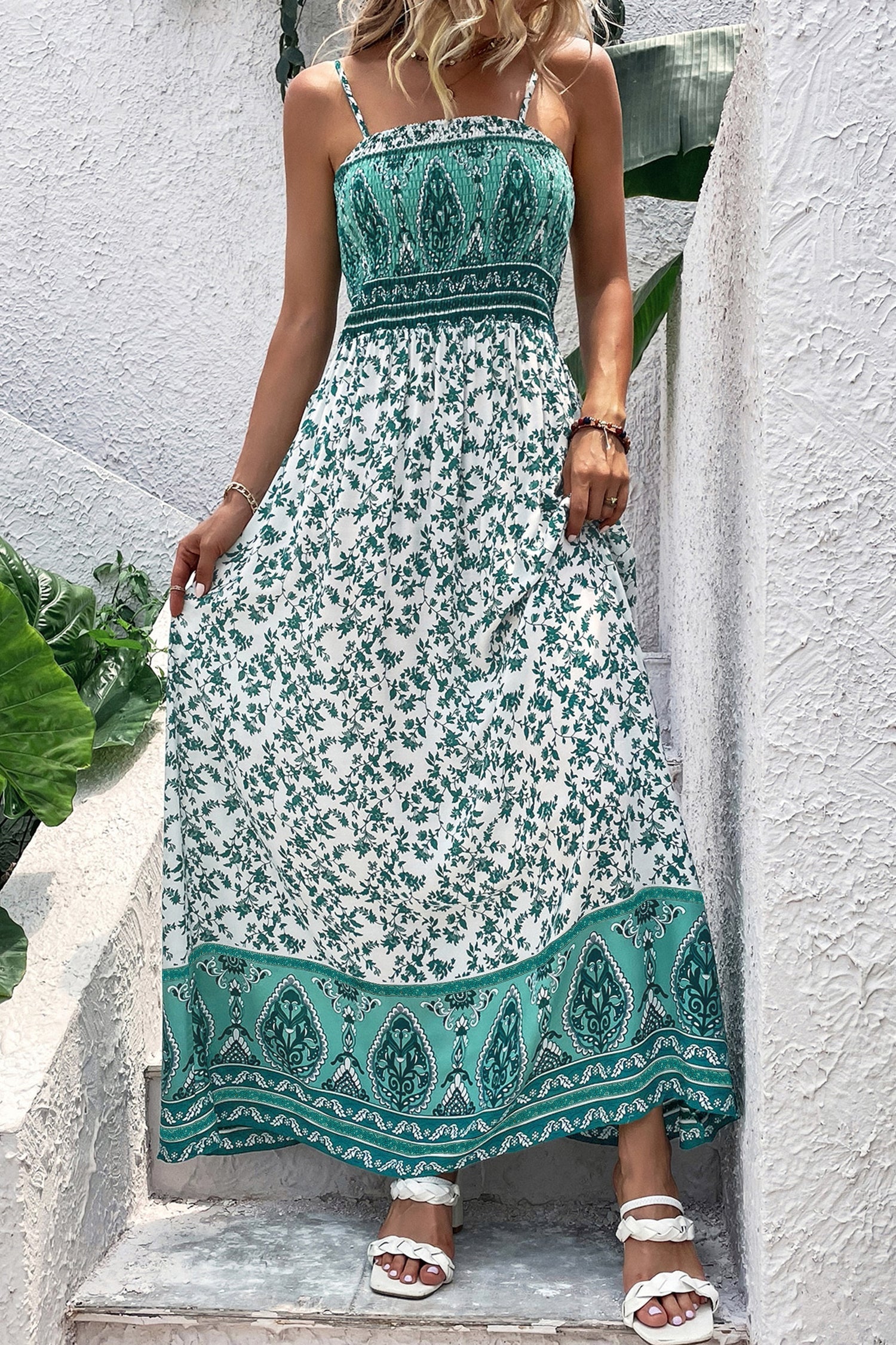 Boho Floral Print Shirred Cami Maxi Dress