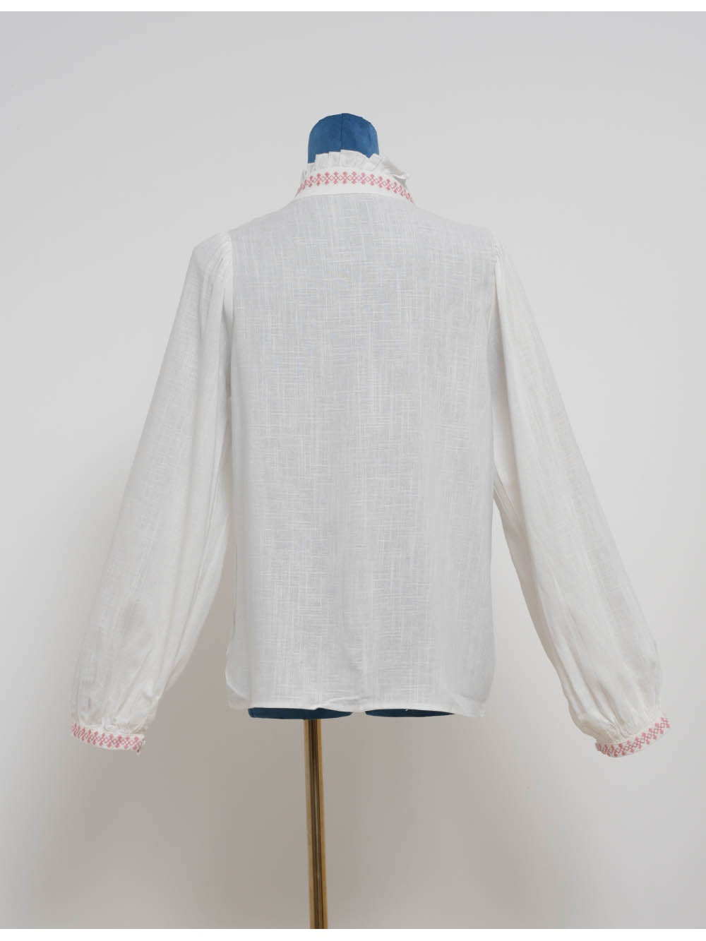 Boho Embroidery Ruffle Stand Neck Button Blouse