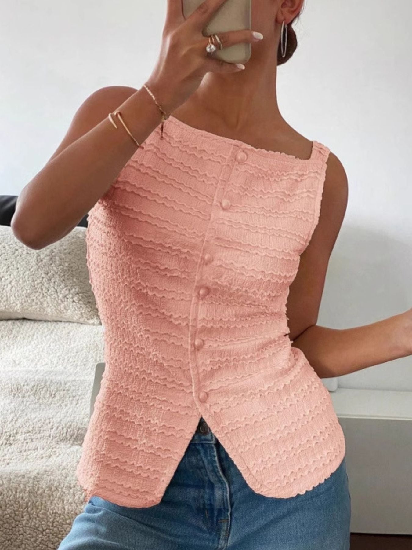 Textured Button Front Tank